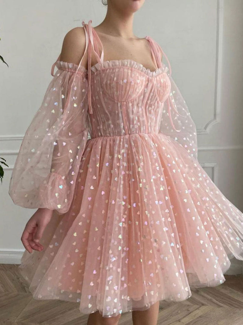 Pink Short Prom Dresses, Sweetheart Neck Puffy Pink Homecoming Dresses