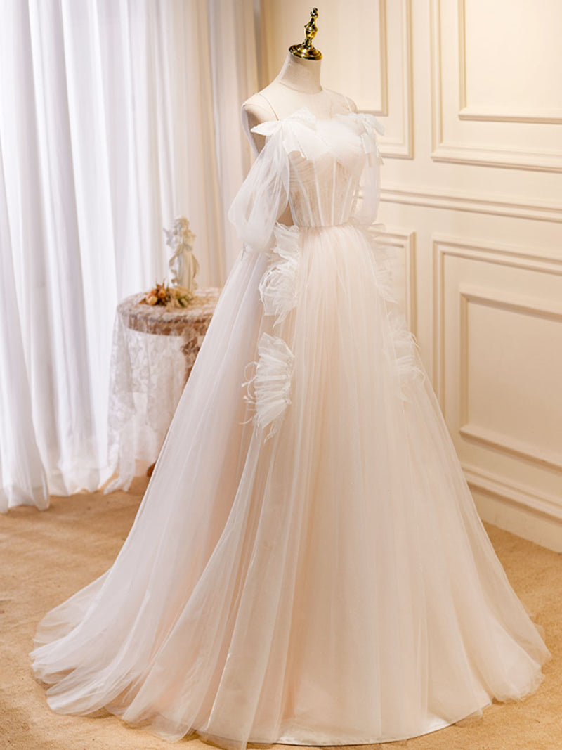 champagne and lace prom dresses Champagne A -line Tulle Lace Long Prom Dress, Lace Formal Evening Dres shopluu