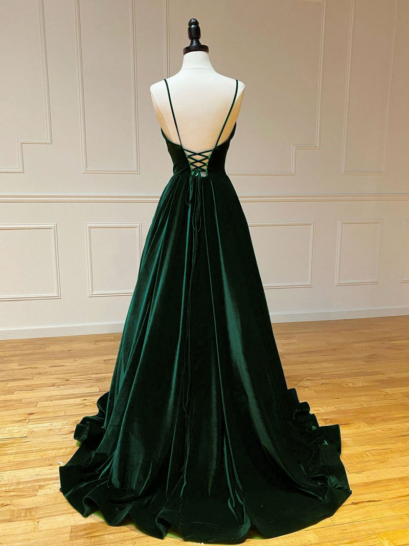 A-Line V Neck Velvet Green Long Prom Dresses