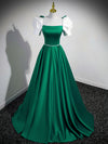 A-Line Satin Green Long Prom Dresses, Green A-Line Formal Dresses