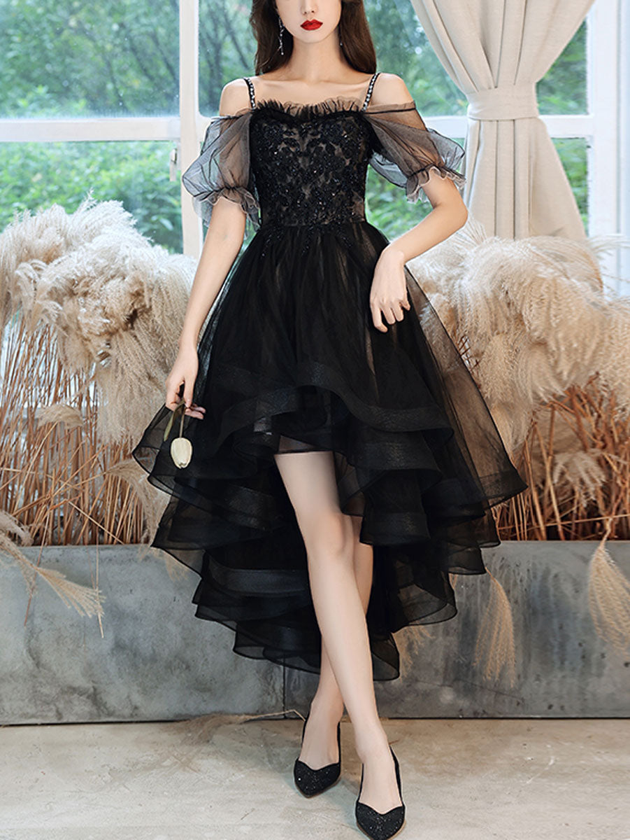 Black Sweetheart Tulle Lace High Low Prom Dress, Black Homecoming Dress US 6 / Black