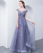 Gray Blue Round Neck Tulle Lace Long Prom Dress, Gray Blue Evening Dress