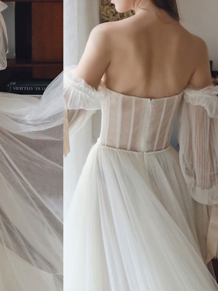 White Tulle A line Long Prom Dress, White Formal Dresses