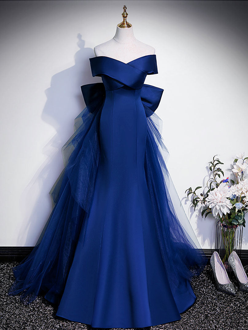 Royal Blue Mermaid Satin Long Prom Dress, Off Shoulder Blue Evening Dress US 10 / Black