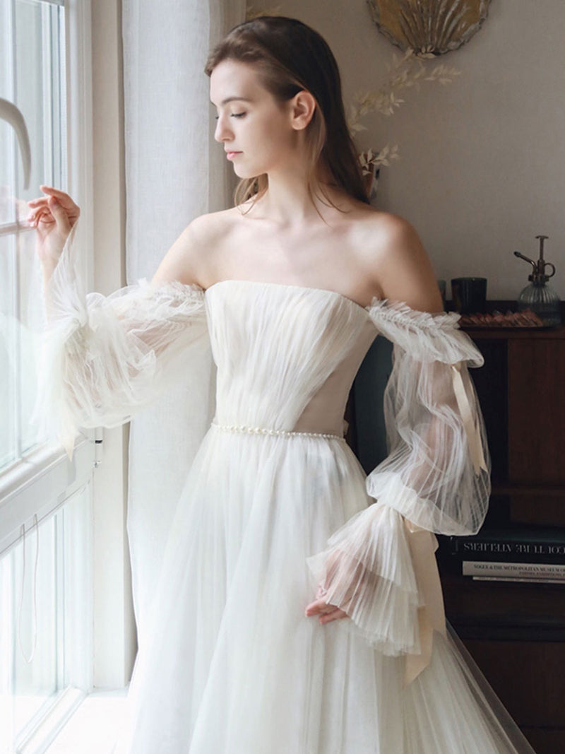 White Tulle A line Long Prom Dress, White Formal Dresses – shopluu