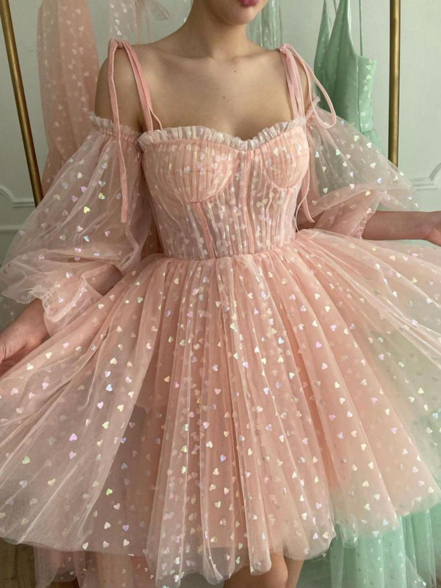 Pink Tulle Short Prom Dresses, Cute Puff Sleeved Mini Party Dresses US 2 / Custom Color Pink Tulle Short Prom Dresses, Cute Puff Sleeved Mini Party Dresses US 2 / Custom Color