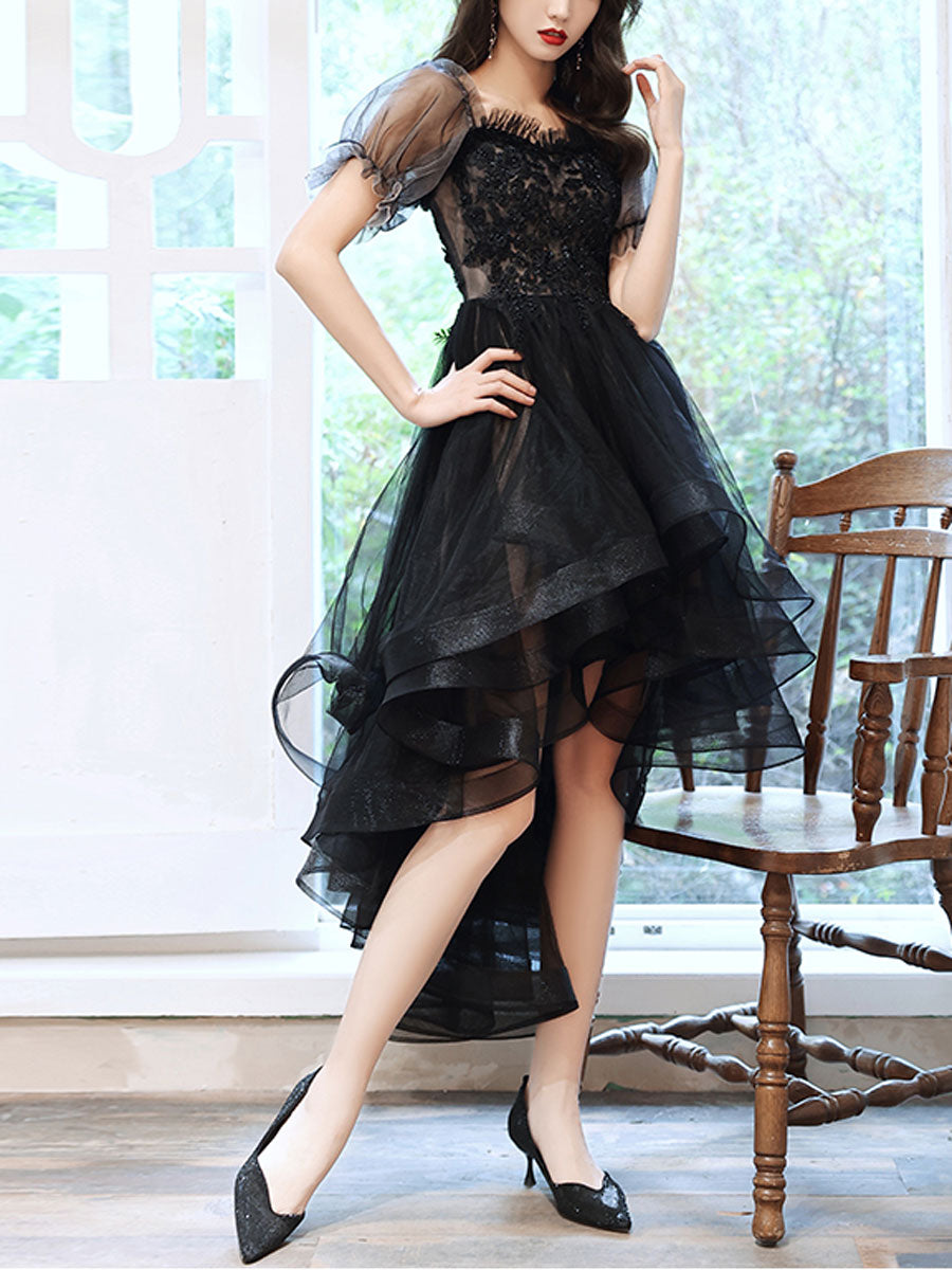 black lace dress with tulle skirt Modest Long Two Piece Tulle Lace Puffy Black Wedding Dress With Sleeves