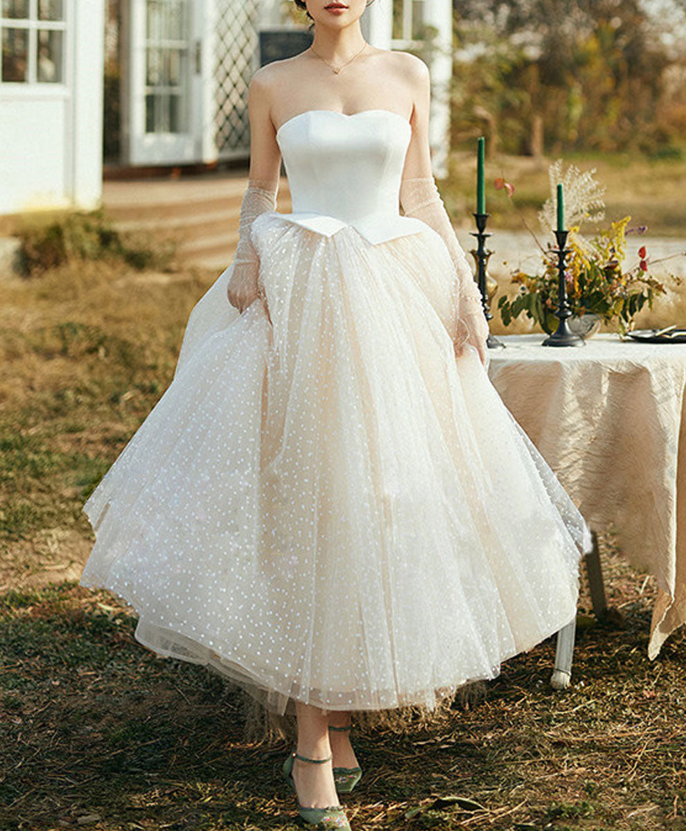 Champagne Tulle Retro Short  Dress, Tulle Tea Length Prom Dress