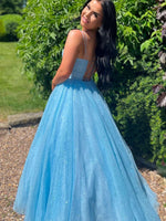 Blue V Neck Tulle Long Prom Dress, Blue Tulle Evening Dress