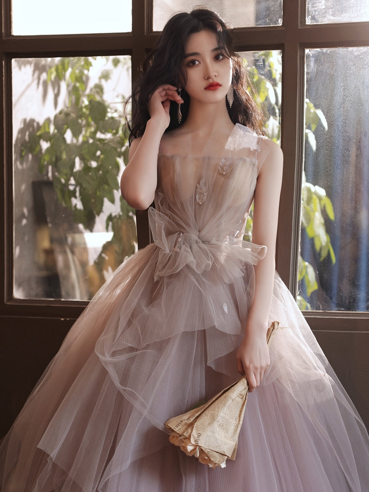 Pink Tulle Long Prom Dress, Pink Tulle Sweet 16 Dress
