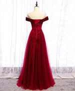 Burgundy Round Neck Tulle Sequin Long Prom Dress Tulle Formal Dress ...