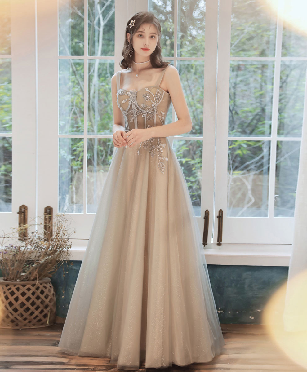 Simple Aline Champagne Long Prom Dress, Champagne Formal Graduation Dress