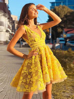 Yellow V Neck Tulle Lace Short Prom Dress Yellow Homecoming Dress