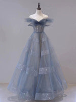 Blue Tulle Off Shoulder Long Prom dress, Blue A line Evening Dress