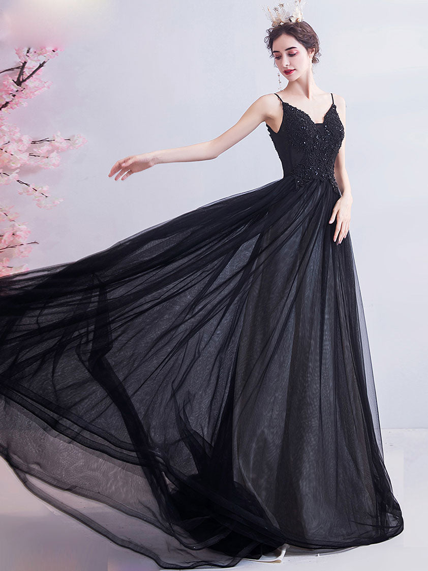 Black V Neck Tulle Lace Long Prom Dress, Black Evening Dress