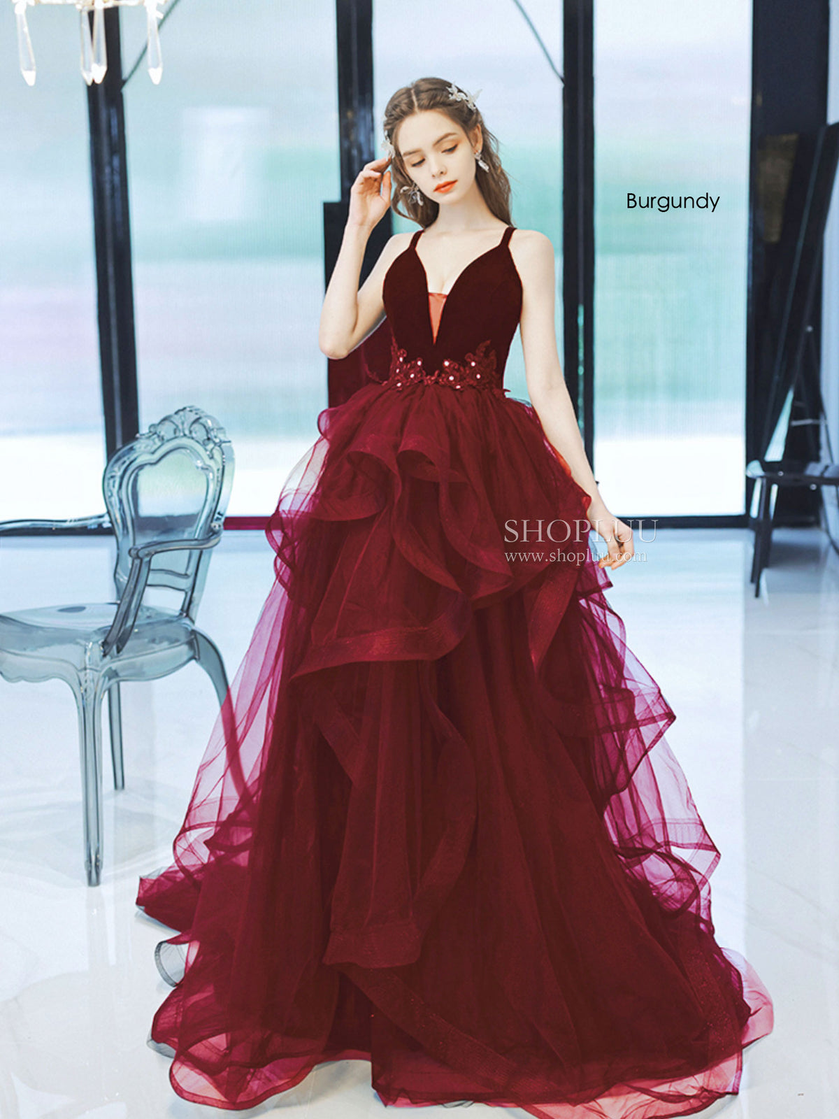 Black V Neck Tulle Long Prom Dress, Black Tulle Formal Graduation Dresses