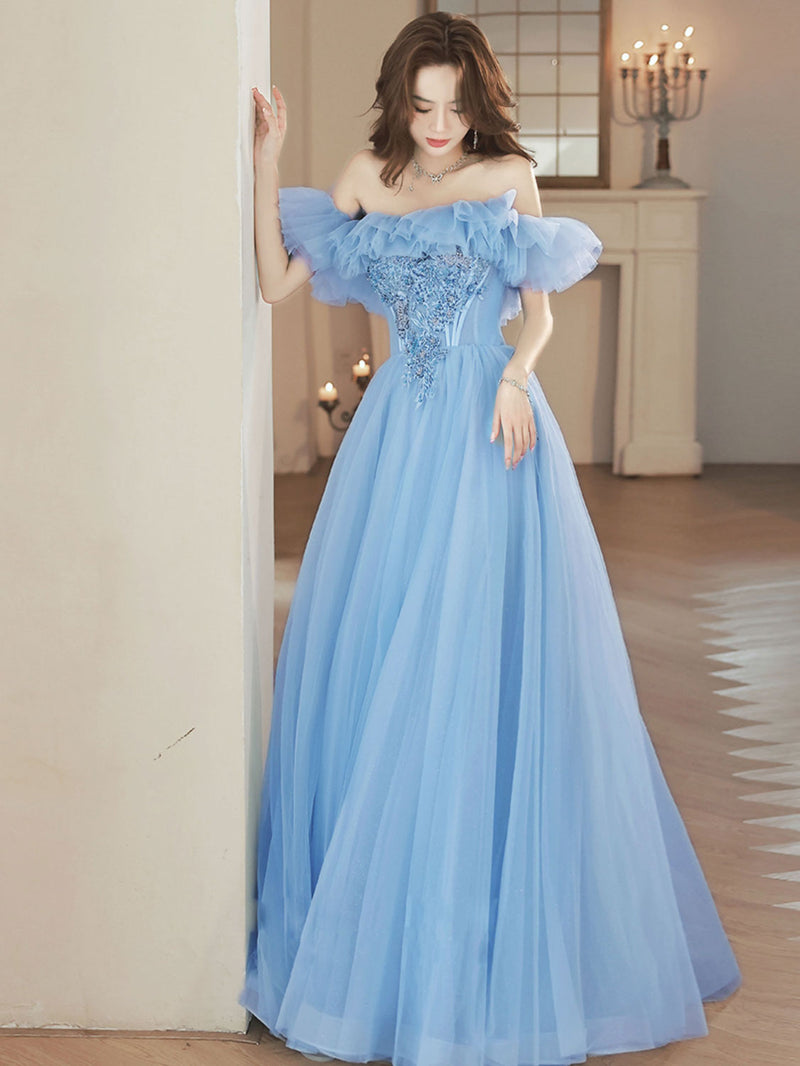 A-Line Tulle Lace Blue Long Prom Dress, Blue Formal Dresses