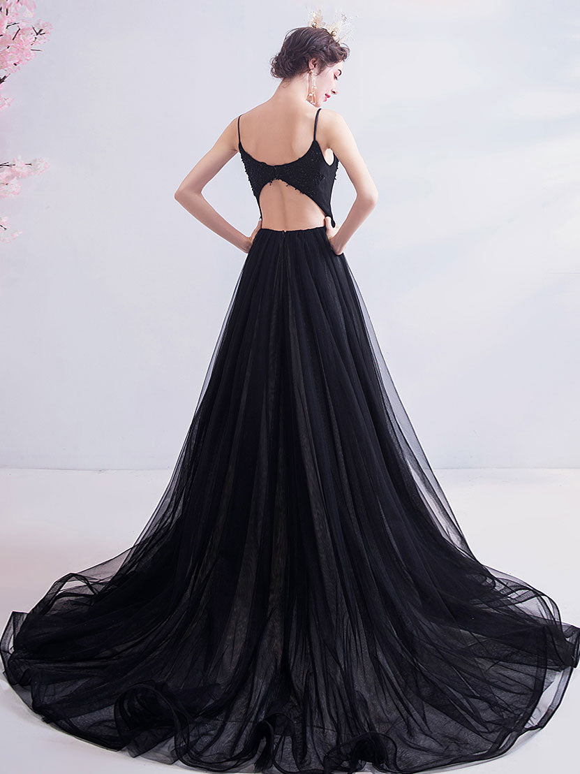 Black V Neck Tulle Lace Long Prom Dress, Black Evening Dress