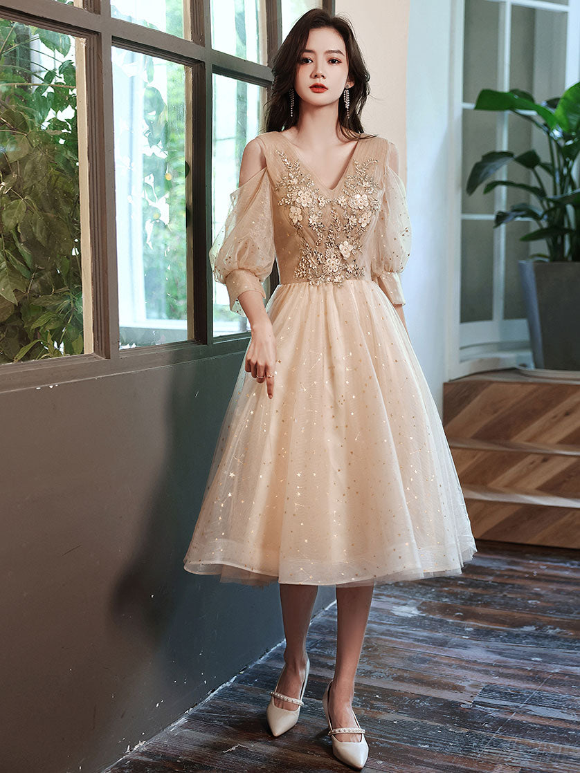 Champagne V Neck Tulle Lace Short Prom Dress, Champagne Homecoming Dre – shopluu