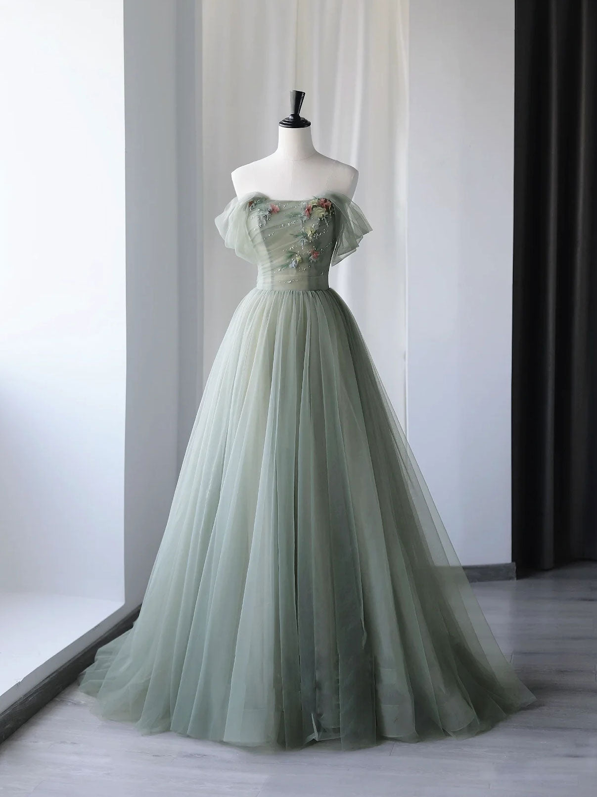 Beautiful Green Tulle Long Prom Dress, Off Shoulder Evening Dress US 6 / Custom Color Beautiful Green Tulle Long Prom Dress, Off Shoulder Evening Dress US 6 / Custom Color