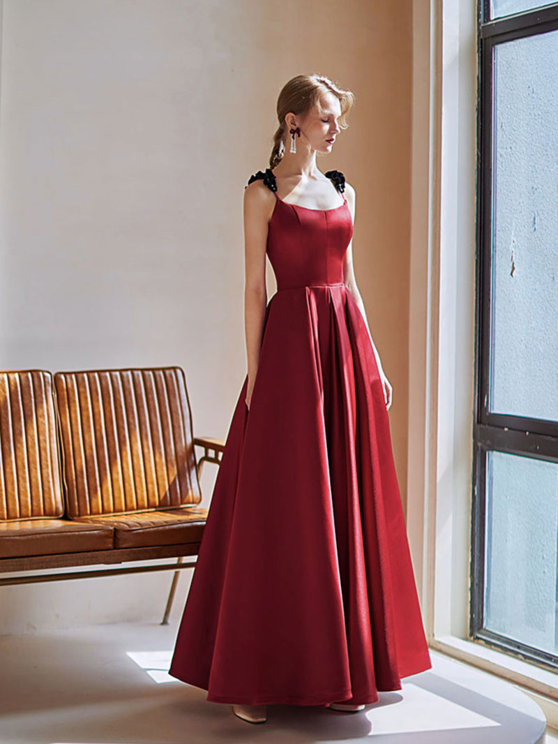 Simple Burgundy Satin Long Prom Dress, Burgundy Evening Dresses
