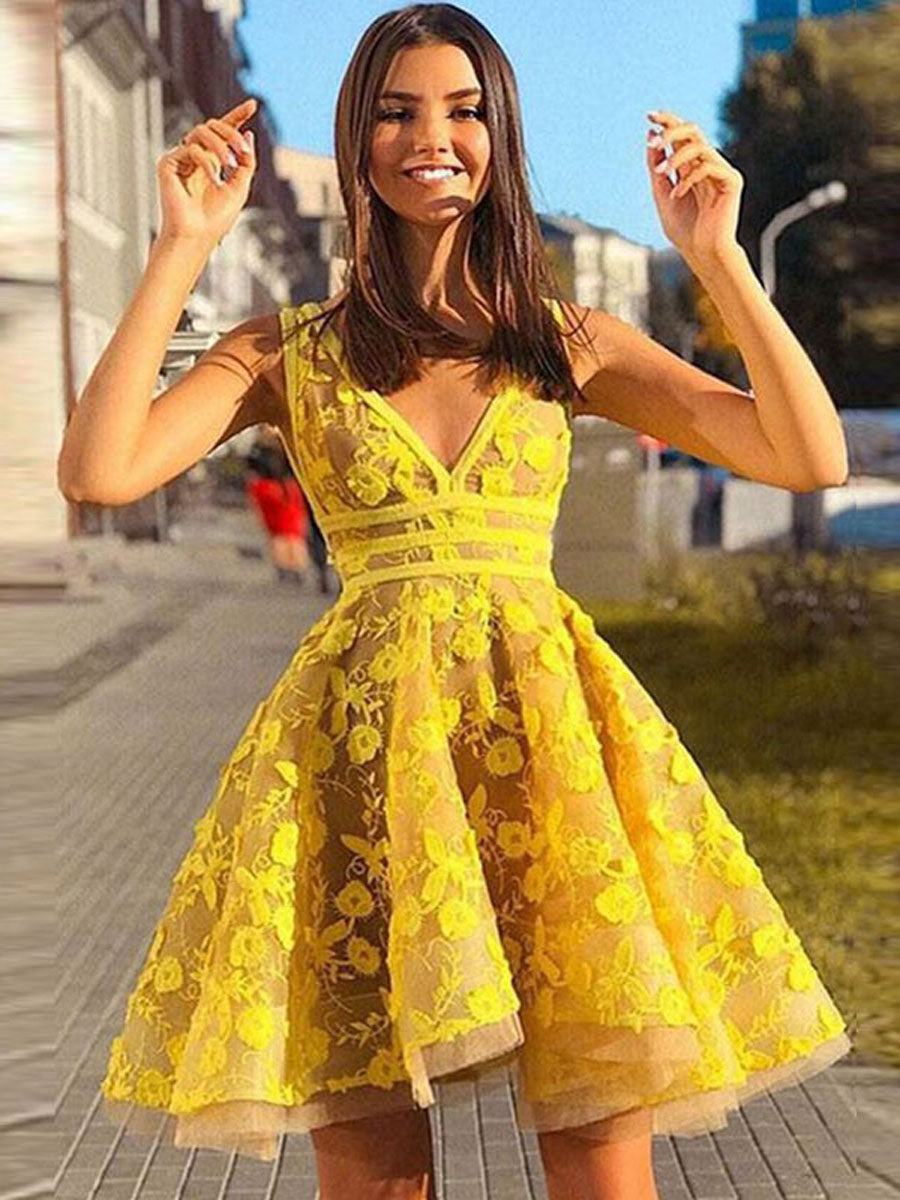 A Line V Neck Short Yellow Lace Prom Dresses, Short Yellow Lace Formal Homecoming Dresses, US 10 / Custom Color / With Rush+$19.99