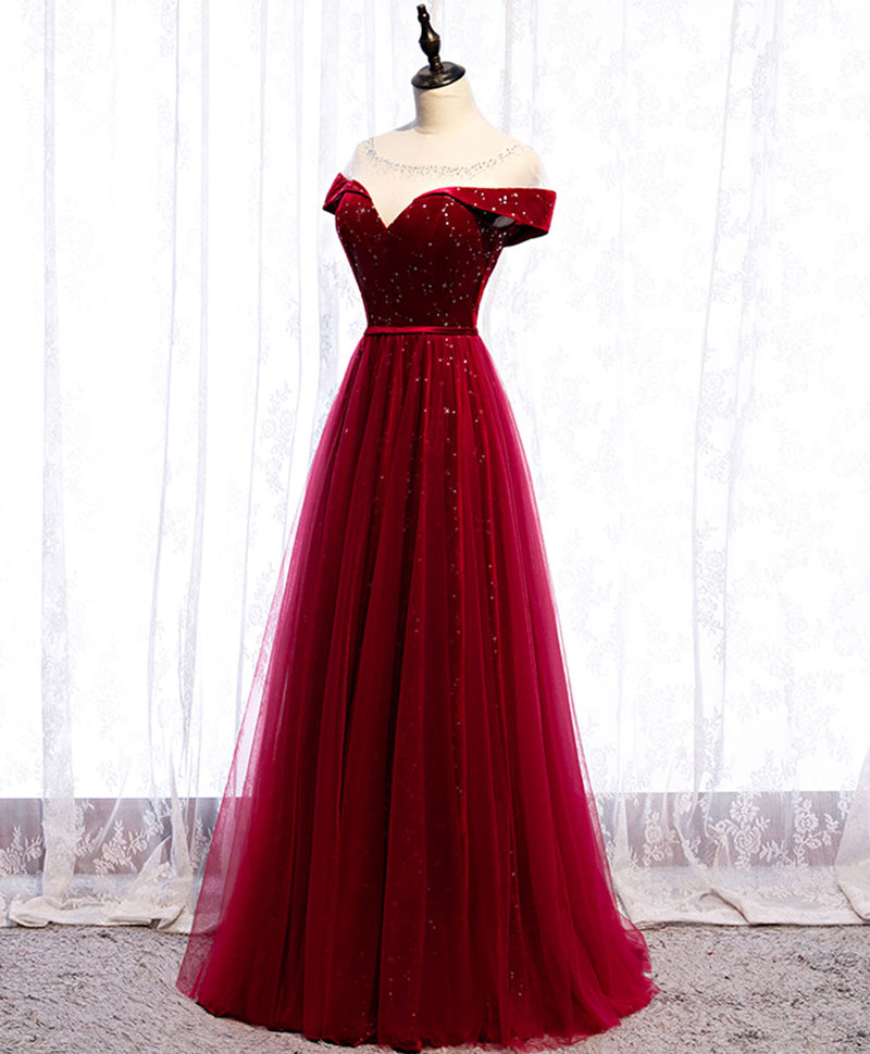 Burgundy Round Neck Tulle Sequin Long Prom Dress Tulle Formal Dress