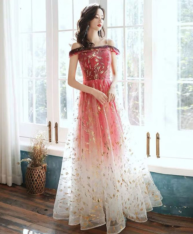 Burgundy Tulle Off Shoulder Lace Long Prom Dress Tulle Formal Dress