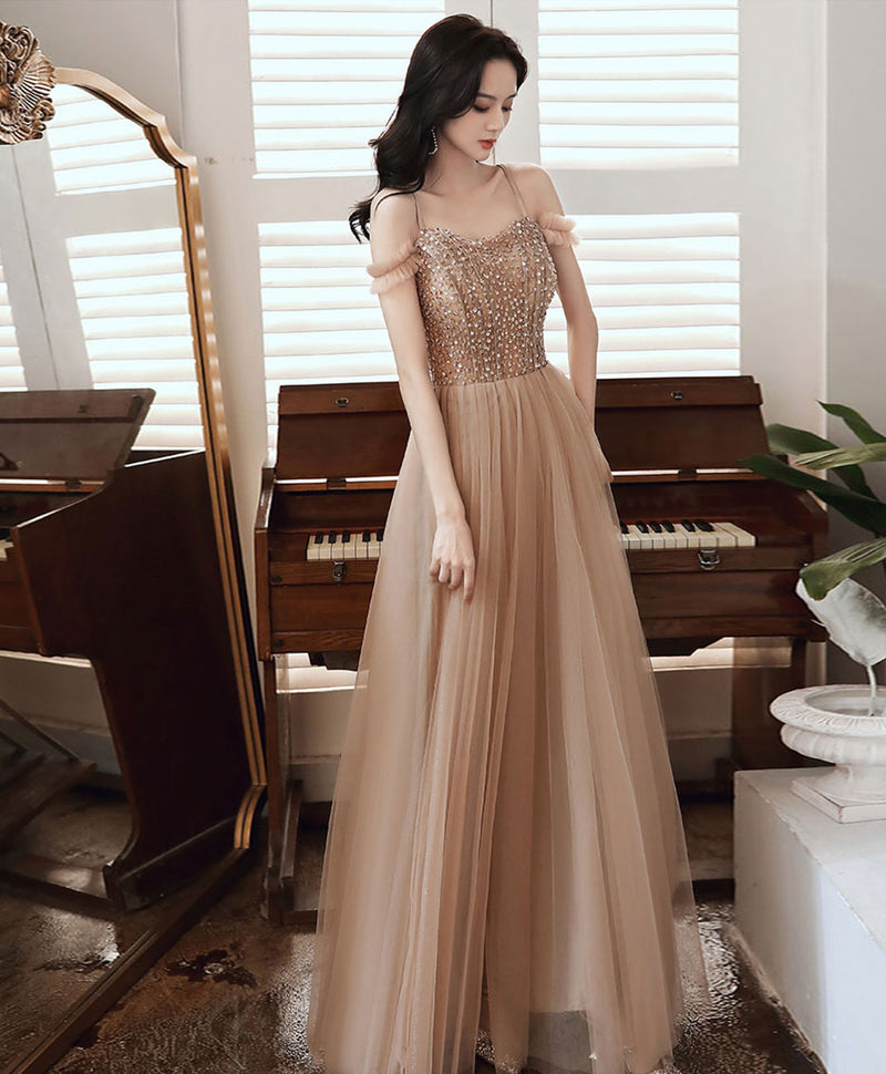 Champagne Sweetheart Aline Long Prom Dress with Beading