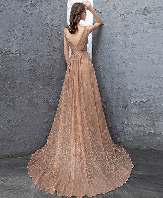 A-Line Gold V Neck Tulle Long Prom Dress, Gold Tulle Evening Dress