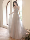 Champagne Round Neck Tulle Beads Long Prom Dress, Champagne Evening Dress