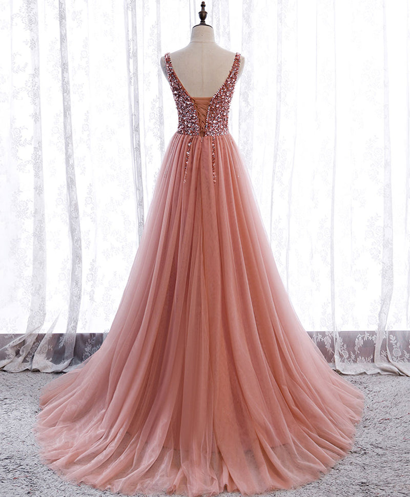 Pink V Neck Tulle Sequin Long Prom Dress, A line Pink Formal Dress with Beading Sequin