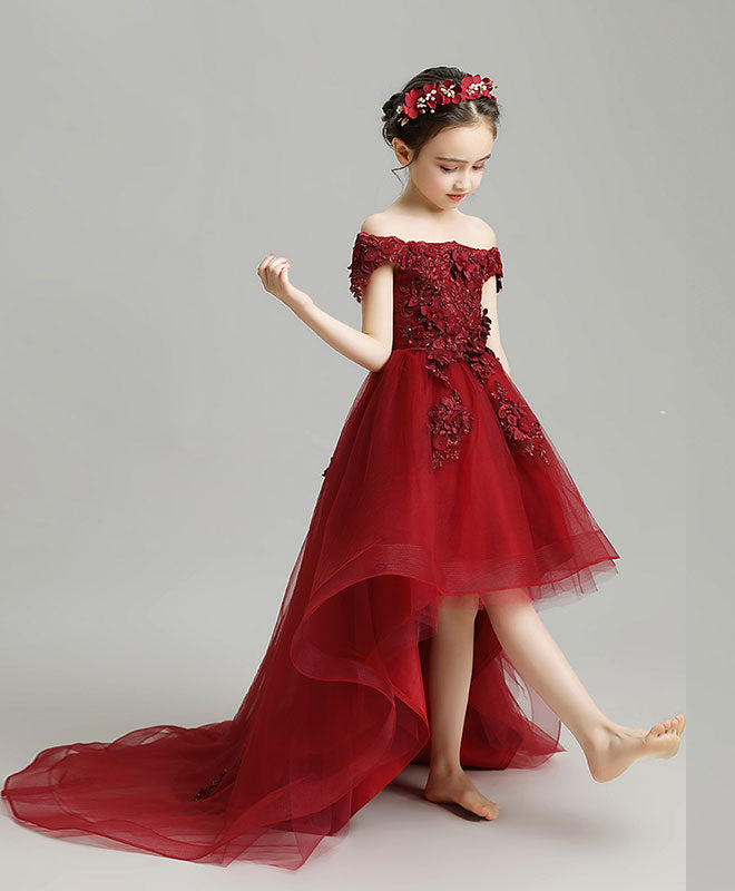Burgundy High Low Tulle Lace Flower Girl Dress, Party Girl Dress – shopluu