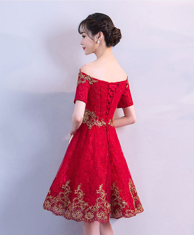 Burgundy Off Shoulder Tulle Lace Short Prom Dress, Burgundy Evening Dress