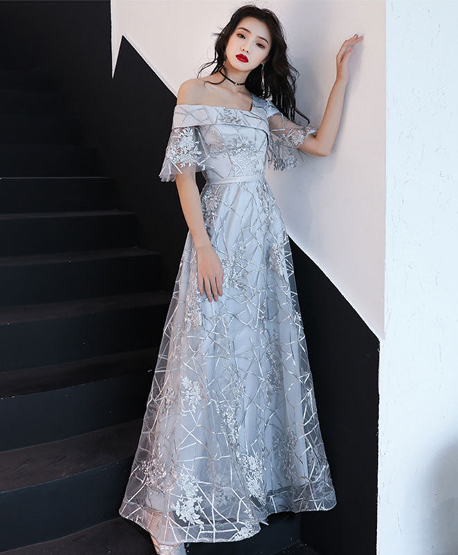 Gray Tulle Lace One Shoulder Long Prom Dress Lace Evening Dress