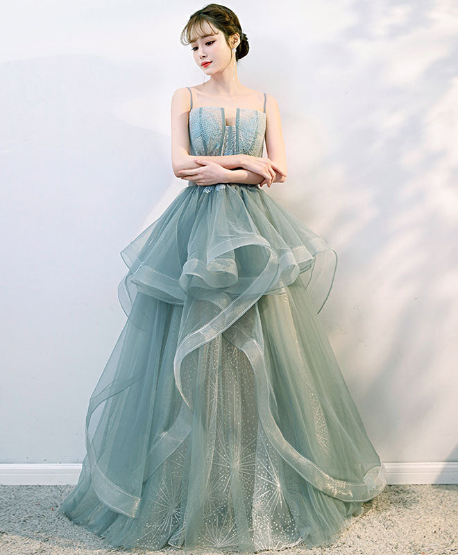 Green Tulle Lace Long Prom Gown, Tulle Formal Dress
