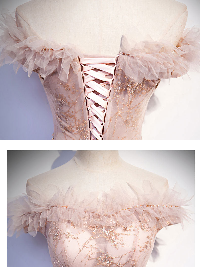 Pink Tulle Long Prom Dress, A line Pink Formal Graduation Dresses