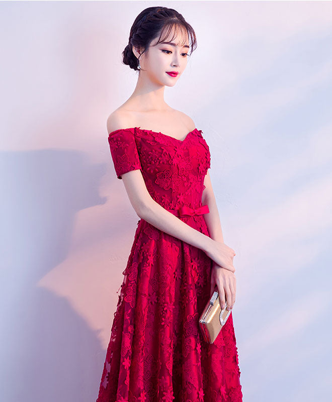 Burgundy Lace Long Prom Dress, Burgundy Lace Evening Dress