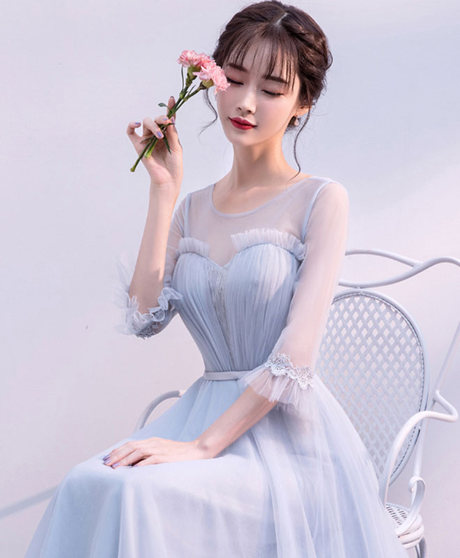 Gray V Neck Tulle Long Prom Dress, Gray Tulle Evening Dress – shopluu