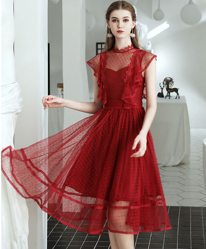 Burgundy Tulle Lace Short Prom Dress, Homecoming Dress