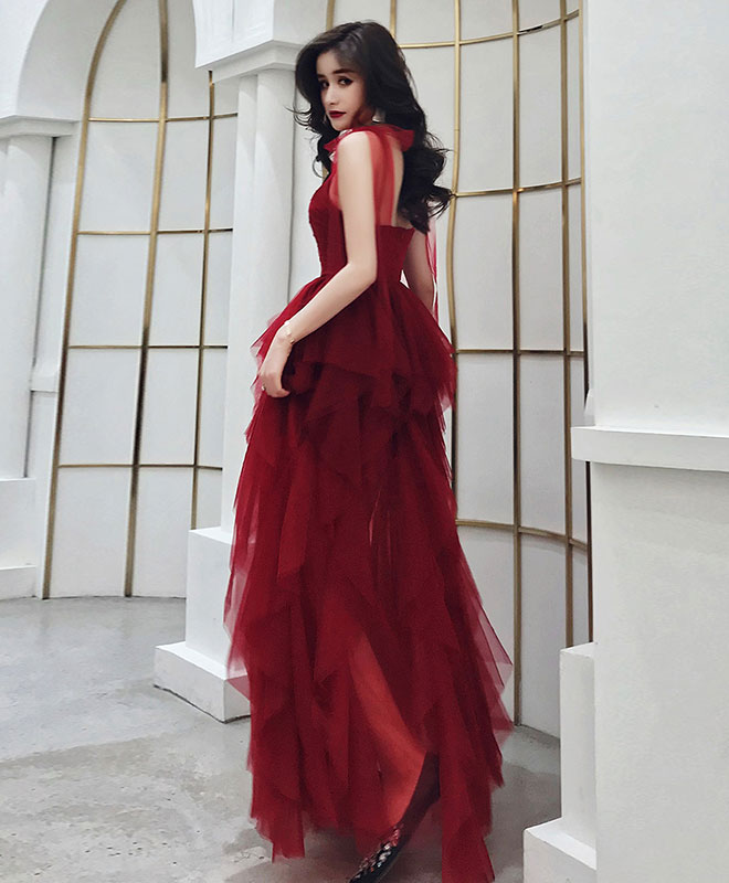 Burgundy Sweetheart Tulle Long Prom Dress, Burgundy Evening Dress