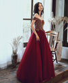 Burgundy Tulle Sequin Off Shoulder Long Prom Dress Burgundy Evening Dress