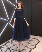 Blue Round Neck Tulle Lace Prom Dresses, Tea Length Blue Homecoming Dresses