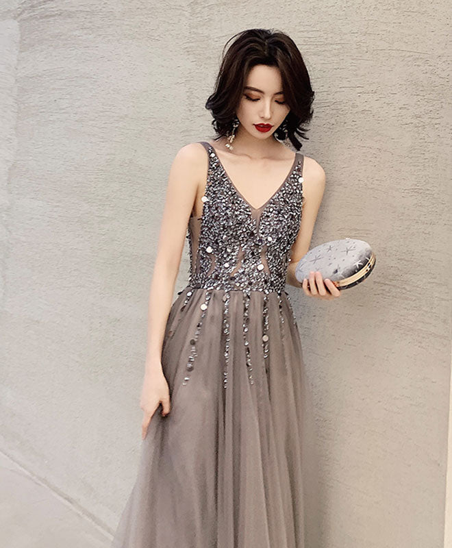 Gray V Neck Tulle Beads Long Prom Dress, Gray Tulle Evening Dress US 12 / Custom Color Gray V Neck Tulle Beads Long Prom Dress, Gray Tulle Evening Dress US 12 / Custom Color