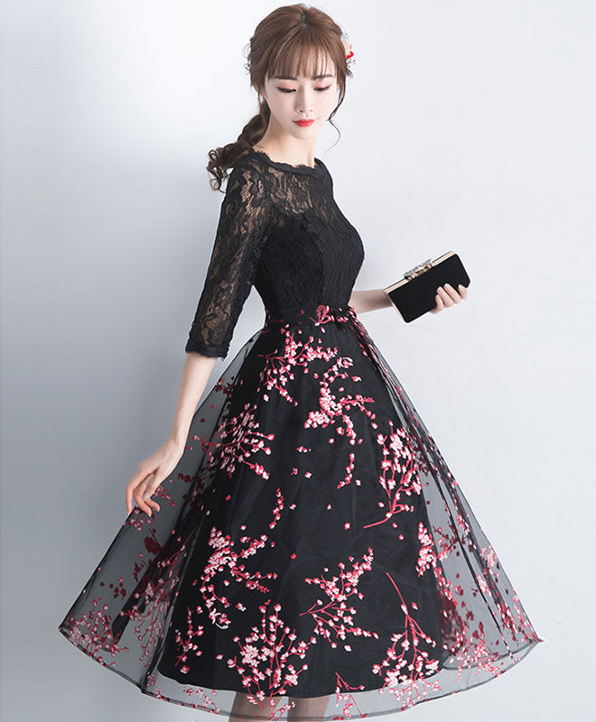 Black Lace Tulle Short Prom Dress, Black Lace Bridesmaid Dress – shopluu