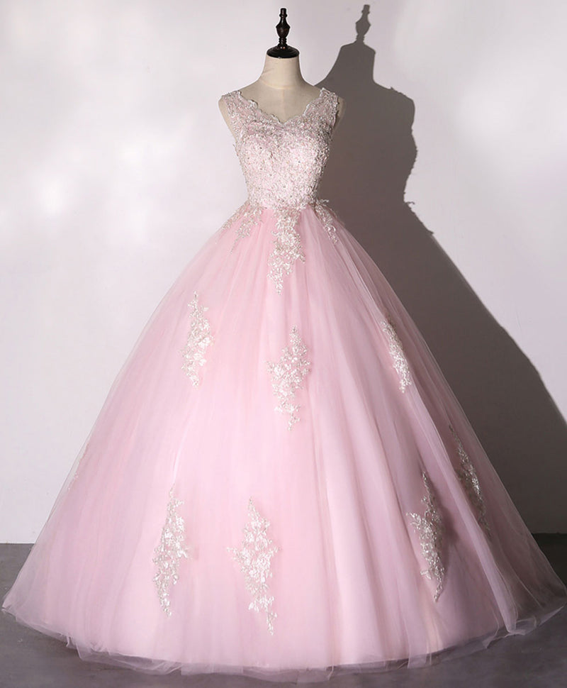 Pink V Neck Tulle Lace Long Prom Dress Pink Tulle Formal Sweet 16 Dress
