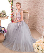 Gray A-Line V Neck Tulle Lace Applique Long Prom Dress, Gray Evening Dress
