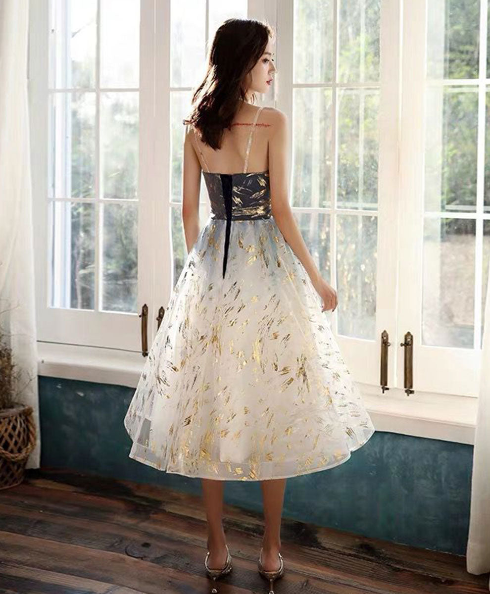 Blue/Champagne Tulle Lace Short Prom Dress, Blue/Champagne Tulle Homecoming Dress