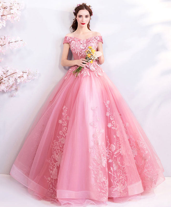 Pink Tulle Off Shoulder Lace Long Prom Dress, Pink Evening Dress
