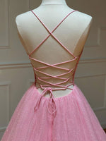 Pink V Neck Long Prom Dress, Pink A-line Sequin Tulle Evening Dress